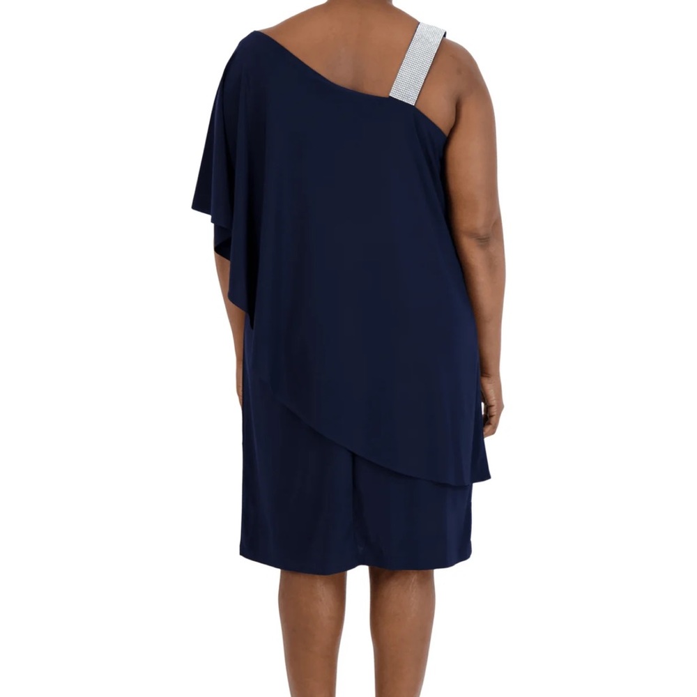 R&M Richards Plus Size Rhinestone-Trim One-Shoulder Dress  Size 14W Navy Blue - Picture 2 of 13